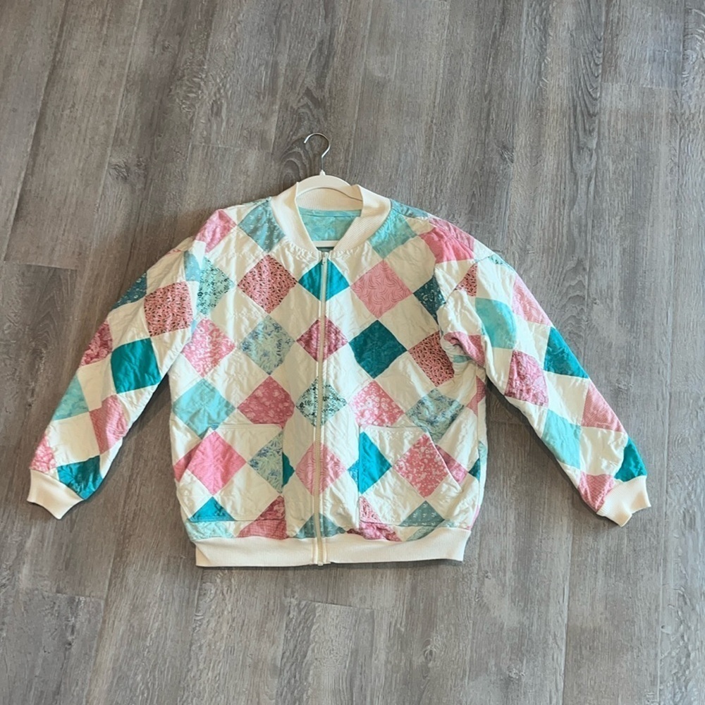 Vintage boho folk grandma quilt square pink teal patchwork zip jacket XL XXL - Picture 6 of 14